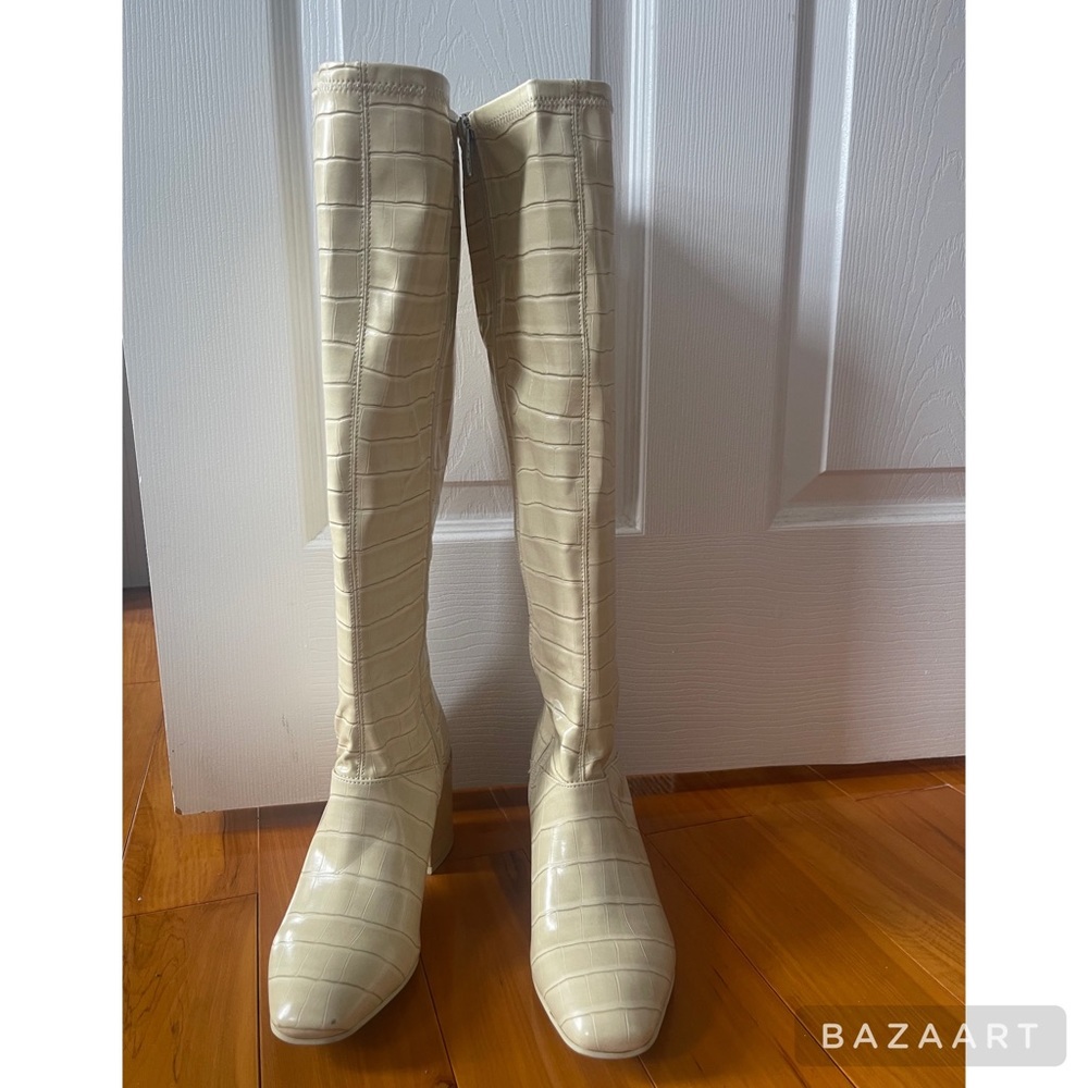 - Franco Sarto Cream Natural Croc Knee High Block Heel Boots